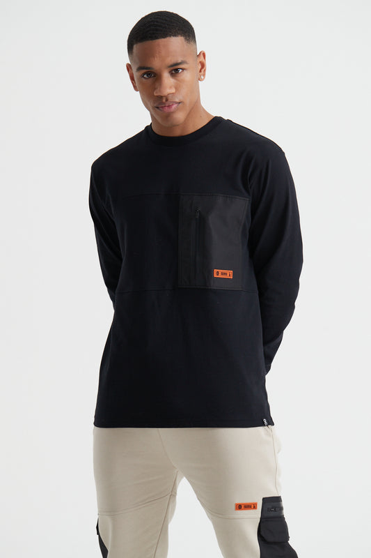 Cargo Zip Long Sleeve T-shirt - Jet Black
